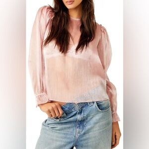 Free People Freya Frost Sheer Long Sleeve Top Pale Pink Boho Blouse S